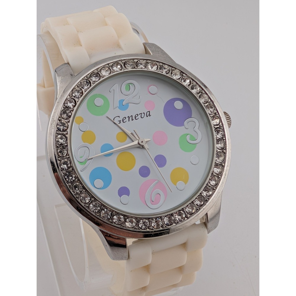 Geneva Watch Women Polka Dot Dial Crystal Bezel White Silicone Band- New Battery